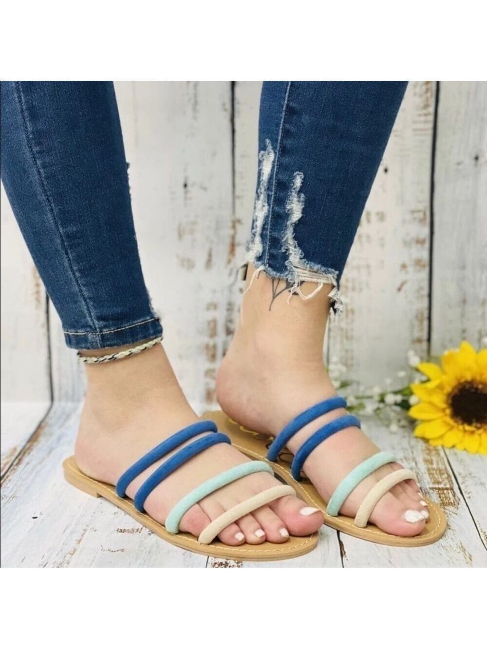 Ccocci Jasper 4 Strap Slide/Flats Cobalt Blue/Multi Sz 6